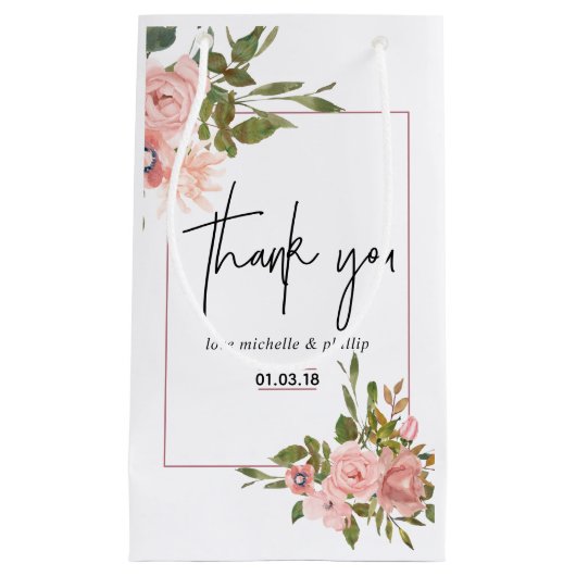 水彩フローラ赤面及びバラ結婚金ゴールド スモールペーパーバッグ (正面)