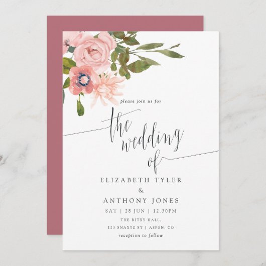 水彩フローラ赤面及びバラ結婚金ゴールド 招待状 (正面/裏面)