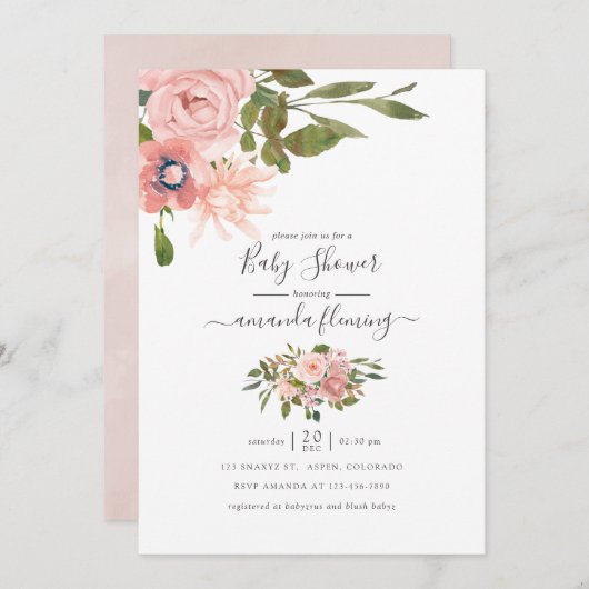 水彩フローラ赤面及びバラ金ゴールドベビーシャワー 招待状 (正面/裏面)