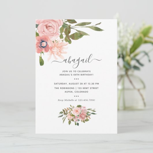 水彩フローラ赤面及びバラ金ゴールド誕生日 招待状 (スタンド正面)