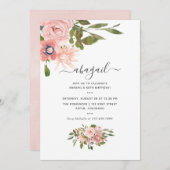 水彩フローラ赤面及びバラ金ゴールド誕生日 招待状 (正面/裏面)