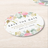 水彩フローラ赤面&金ゴールド日付クラスの保存 ラウンドペーパーコースター (アングル)