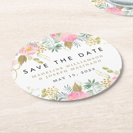 水彩フローラ赤面&金ゴールド日付クラスの保存 ラウンドペーパーコースター (アングル)
