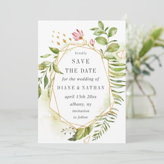 水彩フローラ野生の緑の葉の日付を保存 セーブザデート (スタンド正面)