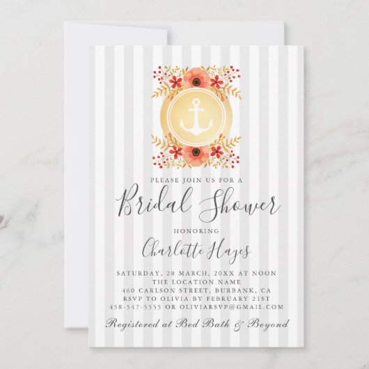 水彩フローラ金ゴールドいかりブライダルシャワー 招待状 (正面)