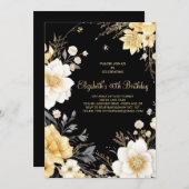 水彩フローラ金ゴールドエレガント40歳の誕生日 招待状 (正面/裏面)