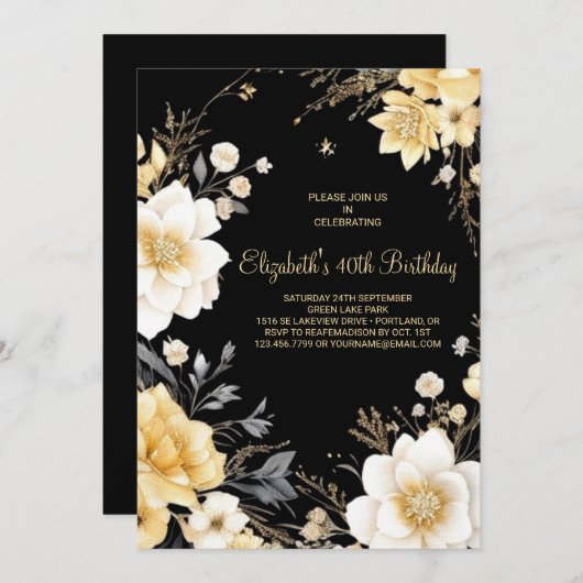 水彩フローラ金ゴールドエレガント40歳の誕生日 招待状 (正面/裏面)