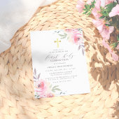 水彩フローラ金ゴールドクロスファースト聖餐式 インビテーションポストカード