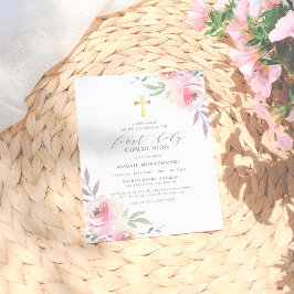 水彩フローラ金ゴールドクロスファースト聖餐式 インビテーションポストカード