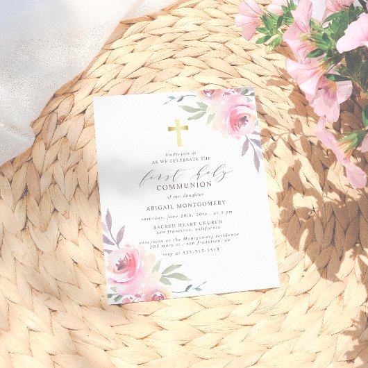 水彩フローラ金ゴールドクロスファースト聖餐式 インビテーションポストカード
