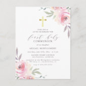 水彩フローラ金ゴールドクロスファースト聖餐式 インビテーションポストカード (正面)