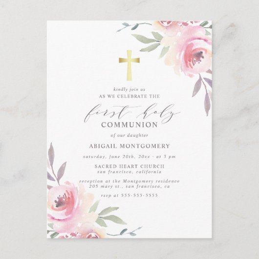 水彩フローラ金ゴールドクロスファースト聖餐式 インビテーションポストカード (正面)