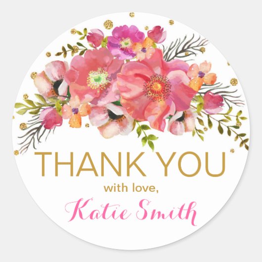 水彩フローラ金ゴールドグリッターサンキューラベル ラウンドシール (正面)