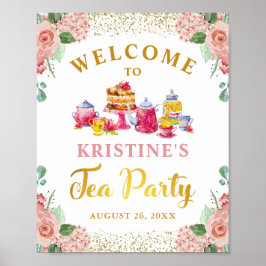水彩フローラ金ゴールドグリッター紅茶パーティーへようこそ ポスター