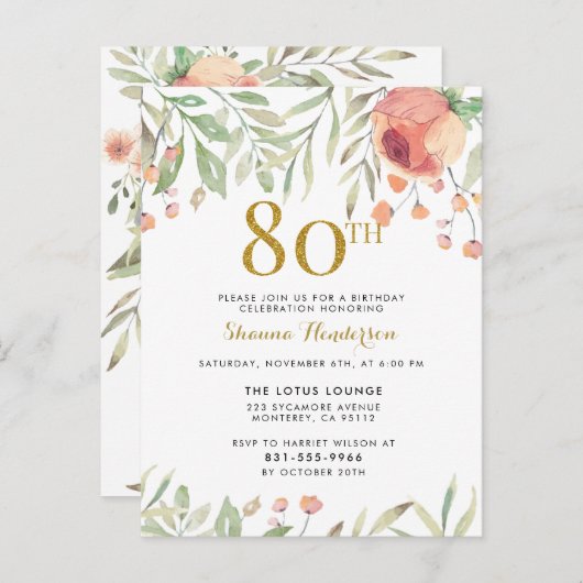 水彩フローラ金ゴールドグリッター80th誕生日パーティー インビテーションポストカード (正面/裏面)