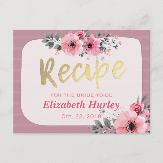水彩フローラ金ゴールドスクリプトブライダルシャワーレシピ インビテーションポストカード (正面)