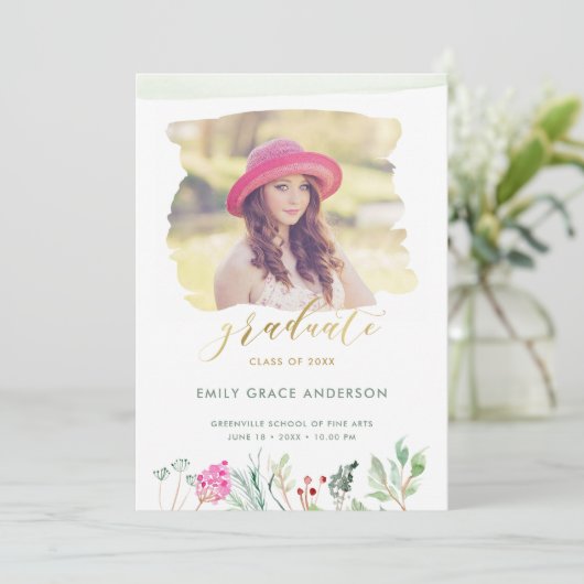 水彩フローラ金ゴールドスクリプト写真卒業 案内状 (スタンド正面)