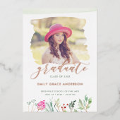 水彩フローラ金ゴールドスクリプト写真卒業 箔招待状 (正面)