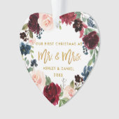 水彩フローラ金ゴールドスクリプト初めてのクリスマス オーナメント (正面)