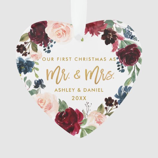水彩フローラ金ゴールドスクリプト初めてのクリスマス オーナメント (正面)