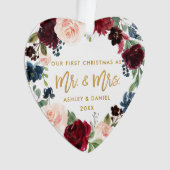 水彩フローラ金ゴールドスクリプト初めてのクリスマス オーナメント (正面)