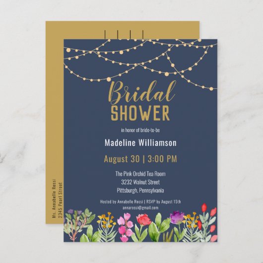 水彩フローラ金ゴールドストリングライトブライダルシャワー インビテーションポストカード (正面/裏面)