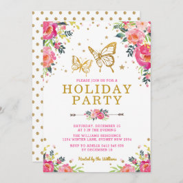 水彩フローラ金ゴールドバタフライホリデーパーティー 招待状