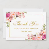 水彩フローラ金ゴールドピンク結婚赤面感謝していズ サンキューカード (正面)