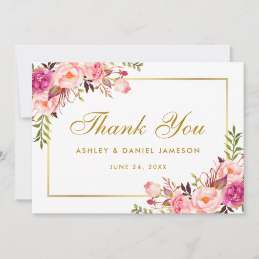 水彩フローラ金ゴールドピンク結婚赤面感謝していズ サンキューカード (正面)