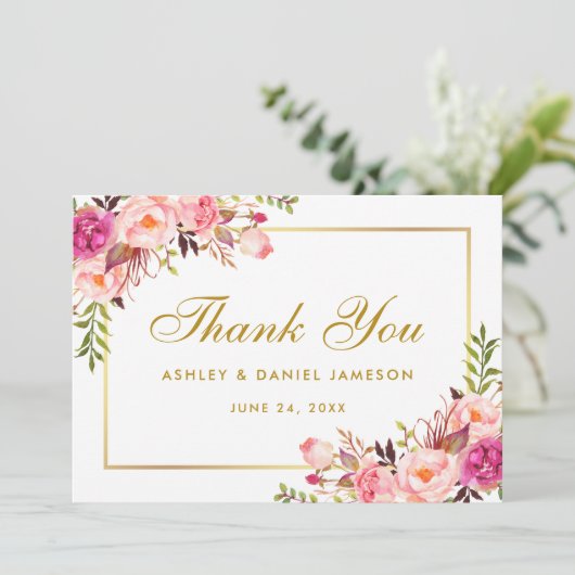 水彩フローラ金ゴールドピンク結婚赤面感謝していズ サンキューカード (スタンド正面)
