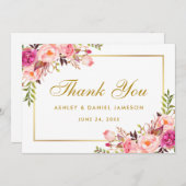 水彩フローラ金ゴールドピンク結婚赤面感謝していズ サンキューカード (正面/裏面)