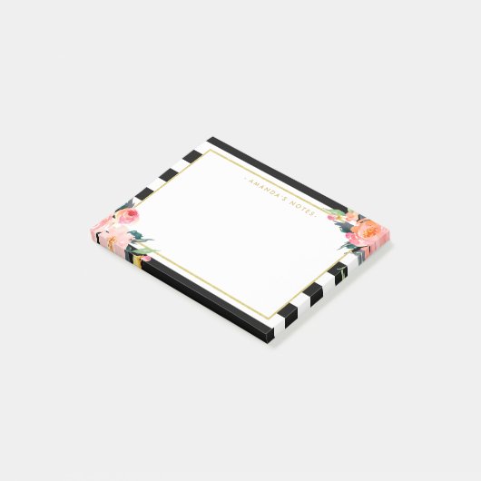 水彩フローラ金ゴールドフレーム白黒ストライプ ポストイット (アングル)