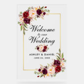 水彩フローラ金ゴールドブルゴーニュ結婚ーズへようこそ アクリルサイン (正面)