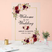 水彩フローラ金ゴールドブルゴーニュ結婚ーズへようこそ アクリルサイン (ウェディング)