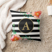 水彩フローラ金ゴールドモノグラム白黒ストライプ クッション (ブランケット)