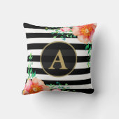 水彩フローラ金ゴールドモノグラム白黒ストライプ クッション (裏面)