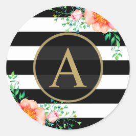 水彩フローラ金ゴールドモノグラム白黒ストライプ ラウンドシール