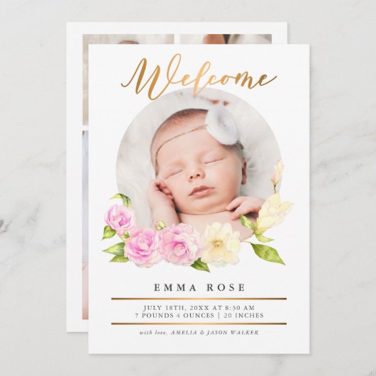 水彩フローラ金ゴールド写真誕生のお知らせ 招待状 (正面/裏面)