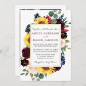 水彩フローラ金ゴールド結婚のバーガンディ写真 招待状 (正面/裏面)