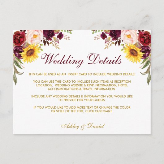 水彩フローラ金ゴールド結婚の詳細挿入カード ポストカード (正面)