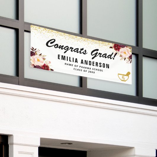 水彩フローラ金ゴールド薬学卒業旗 横断幕 (ビルの外側)