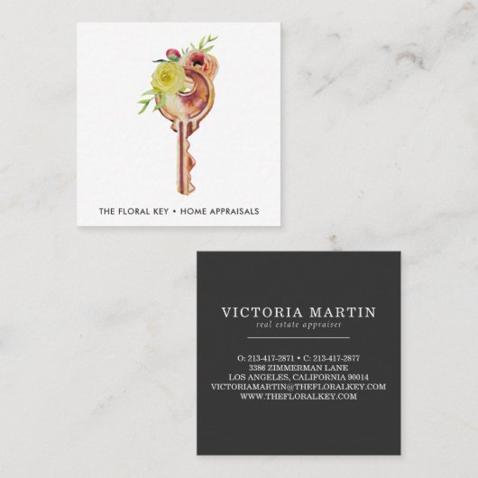 水彩フローラ鍵不動産鑑定士 スクエア名刺 (正面/裏面)