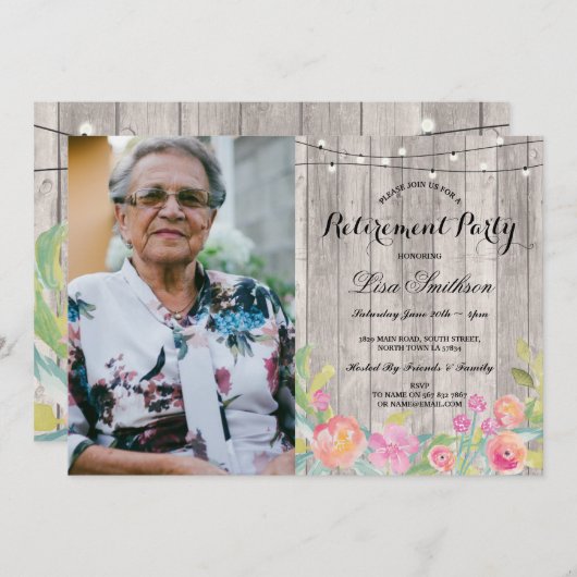 水彩フローラ除素朴去パーティー写真 招待状 (正面/裏面)