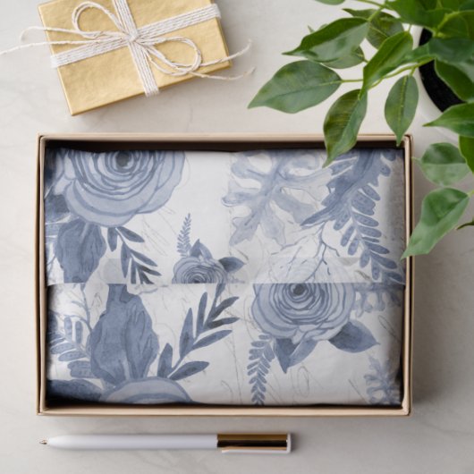 水彩フローラ青ヴィンテージスクリプトの切り離し 薄葉紙 (ギフト)