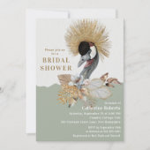 水彩フローラ鳥金ゴールドグリッターブライダルシャワー 招待状 (正面)
