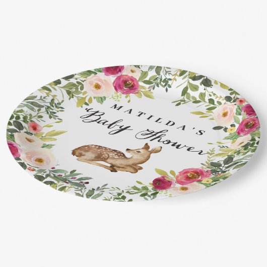 水彩フローラ鹿の森の赤ちゃんシャワーパーティー ペーパープレート (アングル)