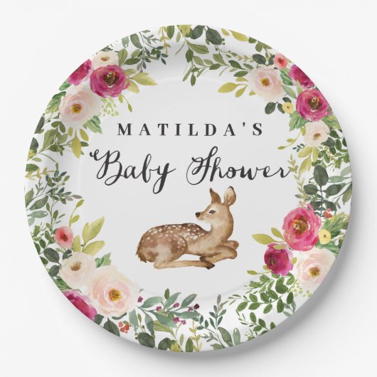 水彩フローラ鹿の森の赤ちゃんシャワーパーティー ペーパープレート (正面)