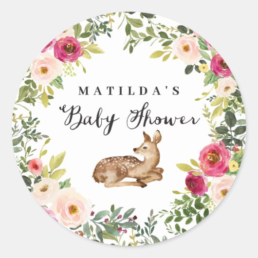 水彩フローラ鹿の森の赤ちゃんシャワーパーティー ラウンドシール (正面)
