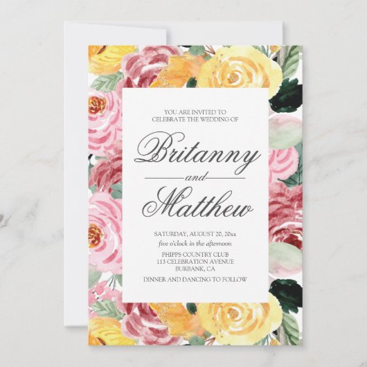 水彩フローラ黄結婚色 招待状 (正面)