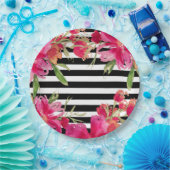 水彩フローラ黒ストライプ色 ペーパープレート (パーティー)